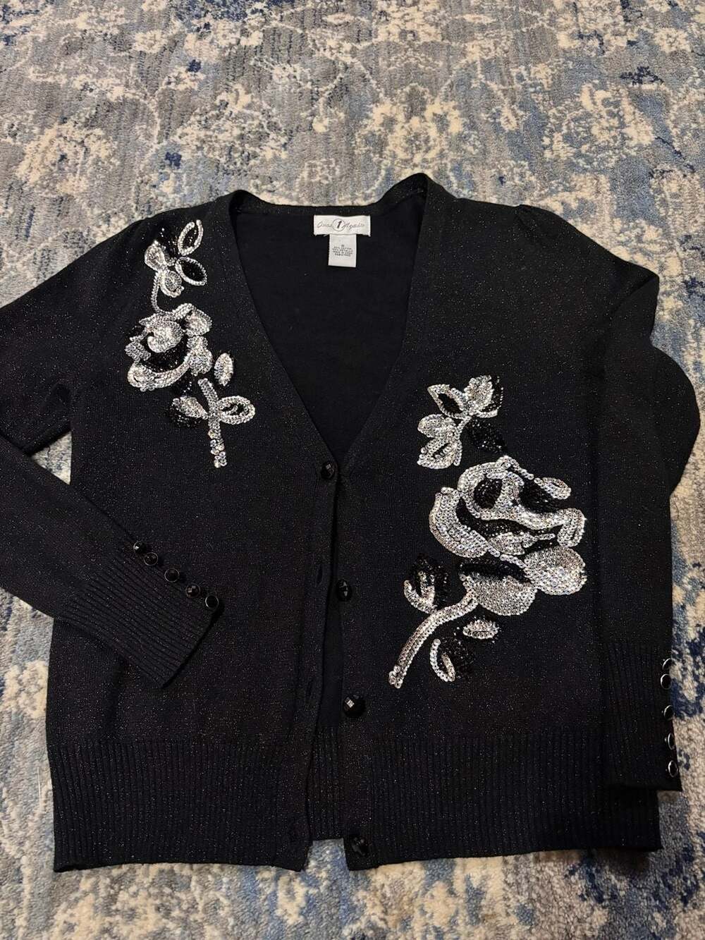 Once Again Sequin Rose Cardigan Size S Black Metallic